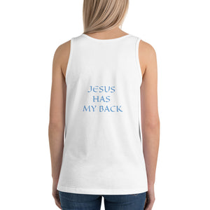 Women's Sleeveless T-Shirt- JESUS HAS MY BACK - White / XS