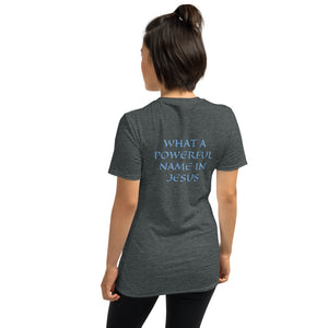 Women's T-Shirt Short-Sleeve- WHAT A POWERFUL NAME IN JESUS - Dark Heather / S