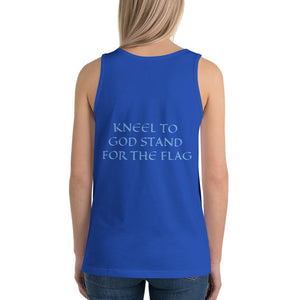 Women's Sleeveless T-Shirt- KNEEL TO GOD STAND FOR THE FLAG - True Royal / XS