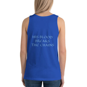 Women's Sleeveless T-Shirt- HIS BLOOD BREAKS THE CHAINS - True Royal / XS