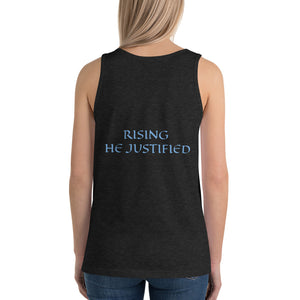 Women's Sleeveless T-Shirt- RISING HE JUSTIFIED - Charcoal-black Triblend / XS