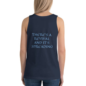 Women's Sleeveless T-Shirt- THERE'S A REVIVAL AND IT'S SPREADING - Navy / XS