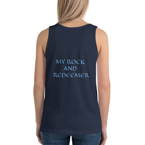 Women's Sleeveless T-Shirt- MY ROCK AND REDEEMER - Navy / XS
