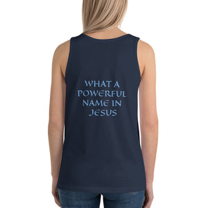Women's Sleeveless T-Shirt- WHAT A POWERFUL NAME IN JESUS - Navy / XS