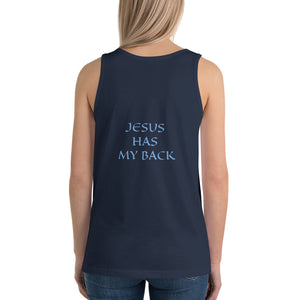 Women's Sleeveless T-Shirt- JESUS HAS MY BACK - Navy / XS
