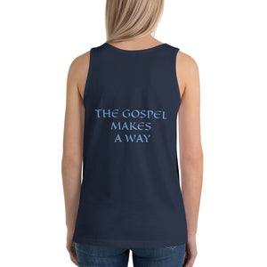Women's Sleeveless T-Shirt- THE GOSPEL MAKES A WAY - Navy / XS