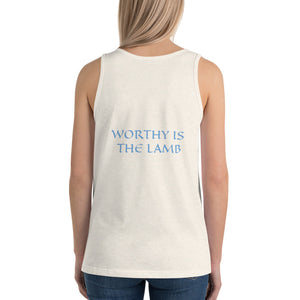 Women's Sleeveless T-Shirt- WORTHY IS THE LAMB - Oatmeal Triblend / XS