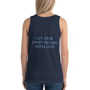 Women's Sleeveless T-Shirt- LET OUR UNITY BEGIN WITH GOD - Navy / XS