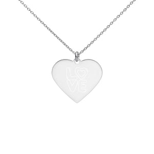 Engraved Heart Necklace- LOVE - White Rhodium coating / LOVE
