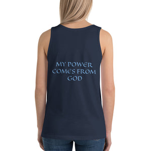 Women's Sleeveless T-Shirt- MY POWER COMES FROM GOD - Navy / XS